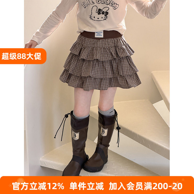 BEIFU贝芙 女童春秋复古格子蛋糕短裙儿童韩版时髦百搭拼接半身裙