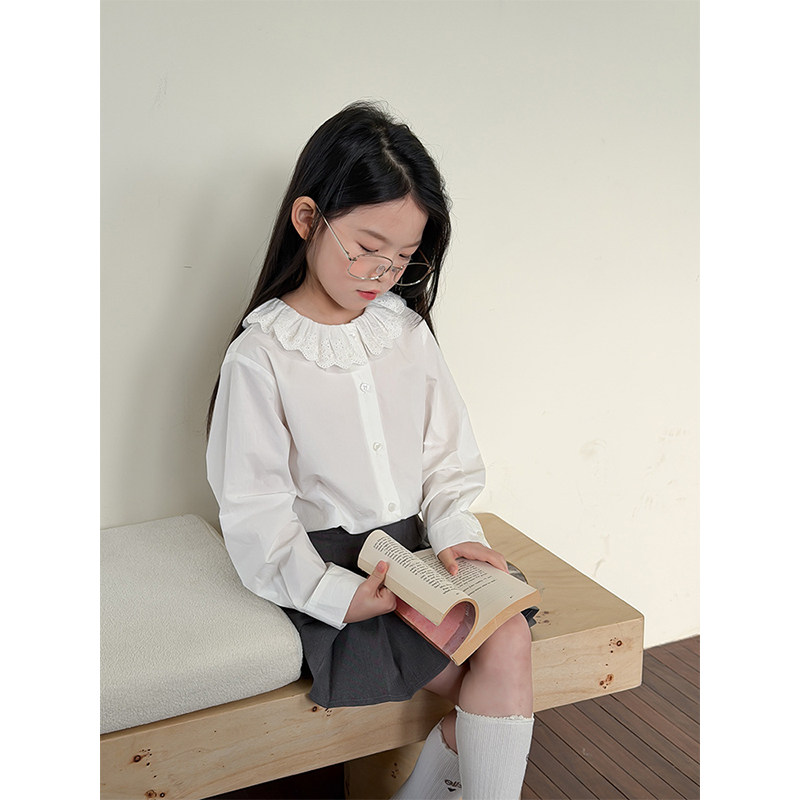 BEIFU贝芙 女童春秋装学院风娃娃领衬衫儿童韩版气质蕾丝花边衬衣