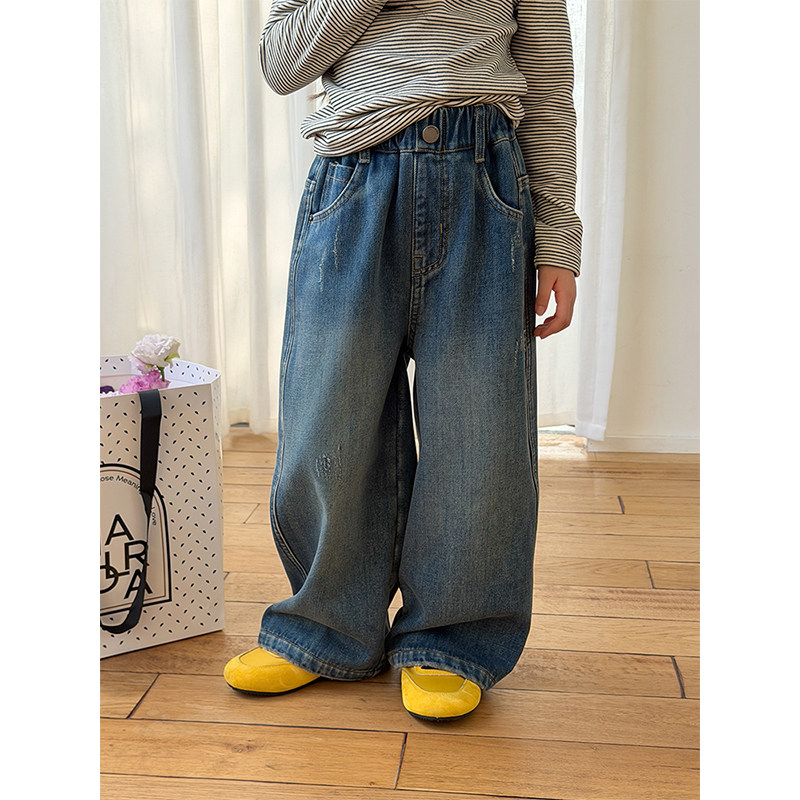 BEIFU贝芙儿童冬季加厚保暖奥粒绒裤子男女童复古做旧破洞牛仔裤