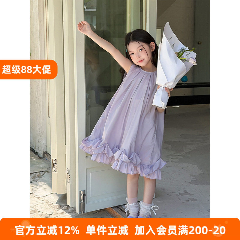 BEIFU贝芙 女童夏季度假风荷叶边裙摆背心裙儿童中长款甜美连衣裙