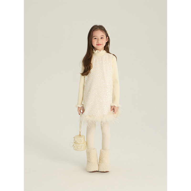 BEIFU贝芙 儿童冬季时髦亮片背心礼服裙子女童新年毛毛马甲连衣裙