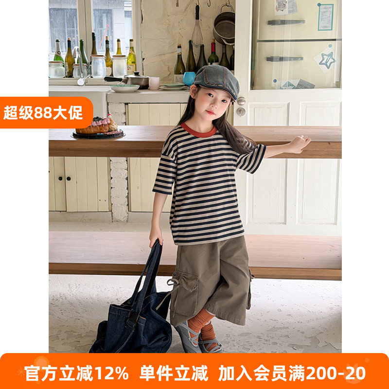 BEIFU贝芙 女童夏季复古风条纹T恤儿童韩版休闲百搭撞色短袖上衣