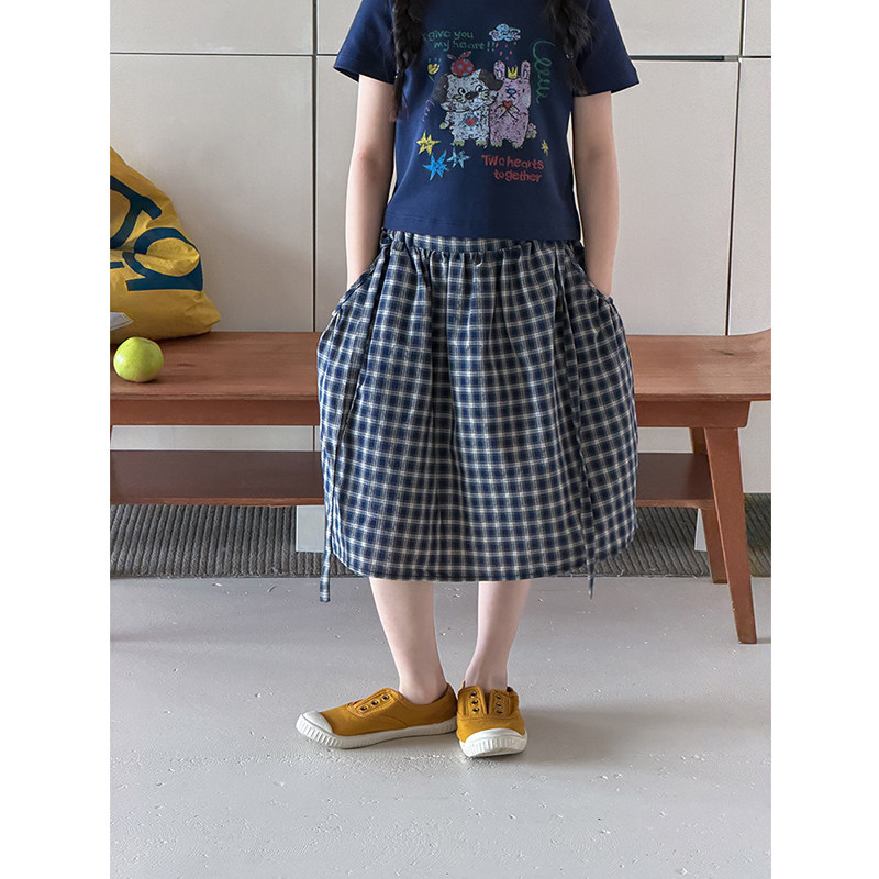 BEIFU贝芙 女童夏季时髦自带飘带格子半身裙儿童韩系复古中长裙子