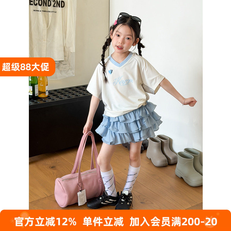 BEIFU贝芙 女童夏季短袖运动套装儿童拼色上衣T恤+蛋糕短裙两件套