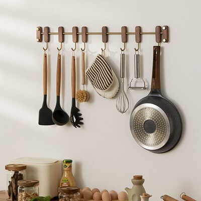 厨房勺子铲子挂钩免打孔可移动厨房挂钩挂杆收纳墙壁置物架实木