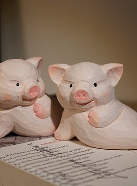 大王~翻我的牌子吧手工木雕小摆件可爱动物猪办公桌面装饰品