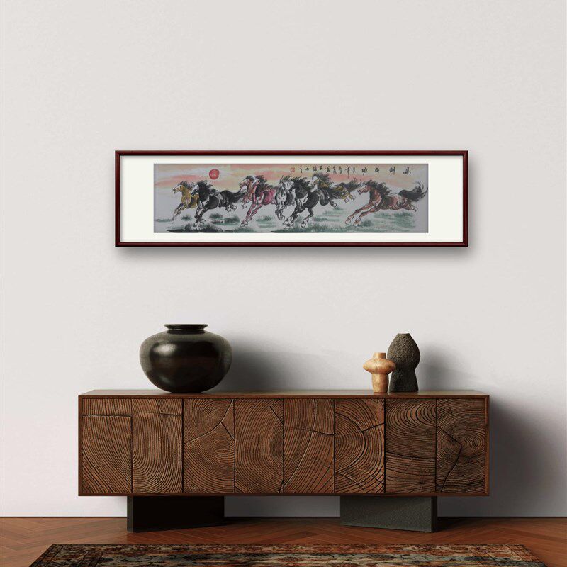 手绘八骏图客厅挂画办公室中式沙发背景墙装饰画马到成功骏马图