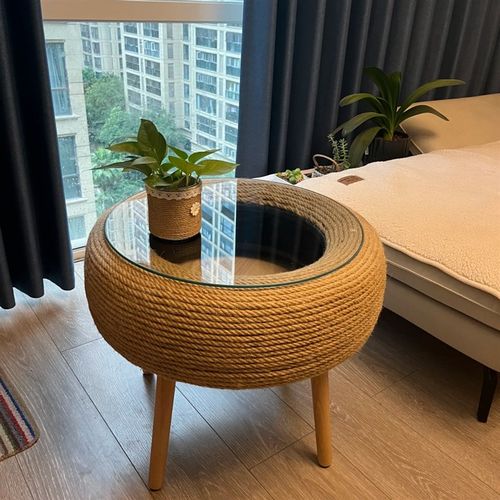 轮胎茶几材料麻绳茶几专用手工DIY轮胎改造桌子圆面钢化玻璃茶几