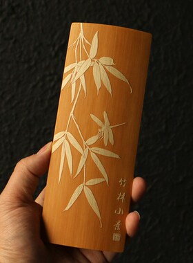 精品东阳名家戚挺飞纯手工留青雕刻老玉竹茶则竹雕竹制小茶荷臂搁