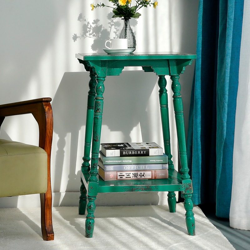 欧式小茶几实木田园做旧休闲咖啡桌子复古时尚边几角几高茶几双层