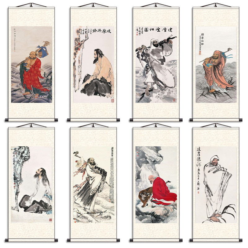 客厅佛堂装饰画达摩面壁图达摩渡江图画达摩祖师画像丝绸卷轴挂画