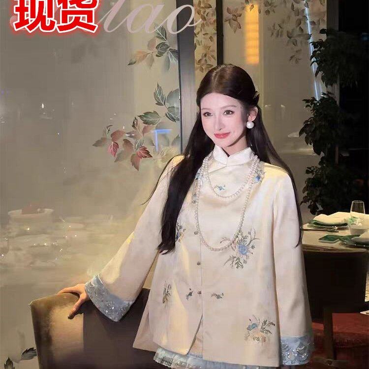 杜屁屁桃原创蕙质兰心新中式国风秋季女静奢暗纹提花刺绣套装