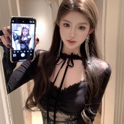 大码蕾丝拼接加绒长袖针织衫女秋冬季纯欲性感修身鱼骨内搭上衣