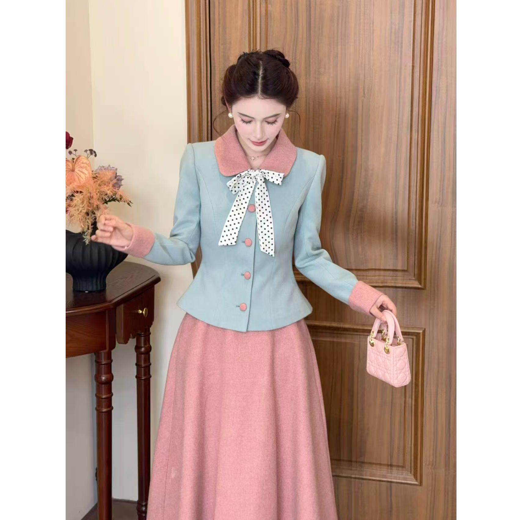 大码女装温柔少女风冬季蓝粉撞色西装外套半身裙套装