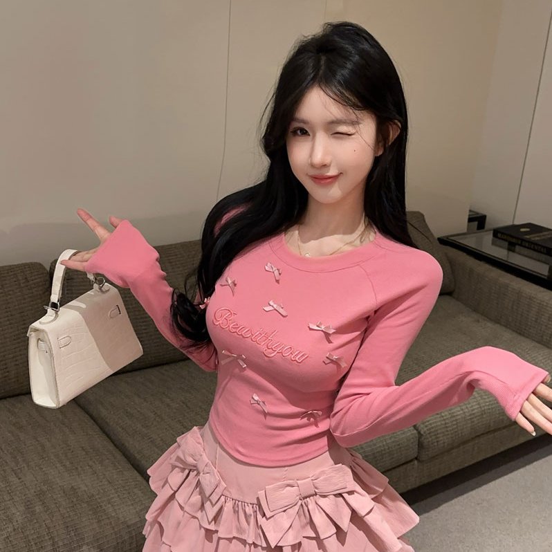 实拍实价 纯欲辣妹蝴蝶结刺绣减龄甜美长袖T恤高腰蓬蓬蛋糕裙套装