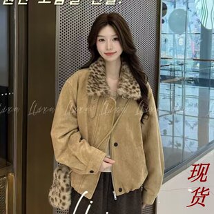 Liixu秋冬加绒加厚豹纹拼接夹克上衣女设计感厚外套L58TZY6171