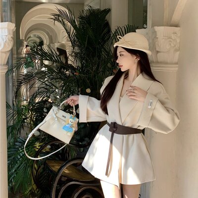 实拍实价赫本风毛呢大衣小个子中长款高级气质收腰西装外套配腰带