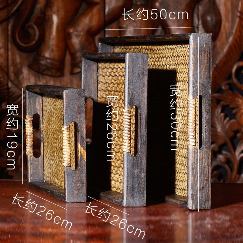 泰国进口实木手工竹编复古果盘 东南亚风格木质托盘 创意茶盘果盘