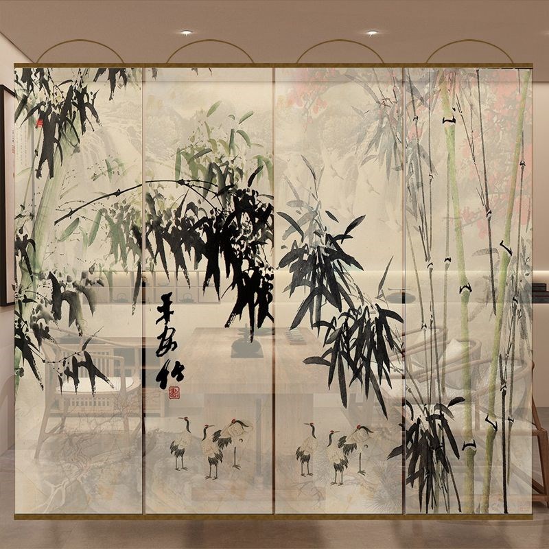 半透明花鸟水墨竹双面透景屏风纱中式卷帘隔断帘挂帘窗帘透光纱帘