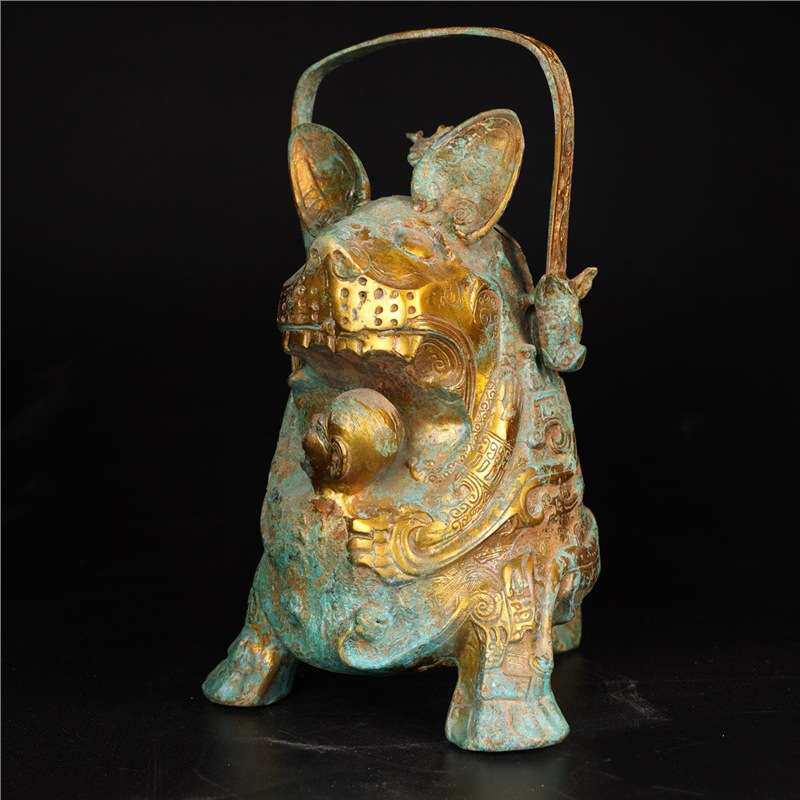 错金 虎噬人卣提梁 长20cm-宽18cm-高30cm-重8.5斤