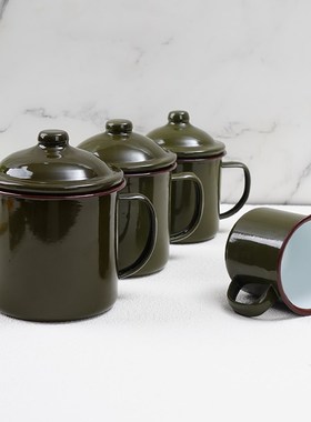 搪瓷马克杯子军绿色怀旧老式带盖口杯复古水杯纯色茶杯啤酒铁茶缸