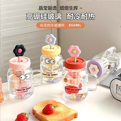 玻璃杯女生高硼硅耐高温水杯高颜值2024新款吸管杯子带把手大容量