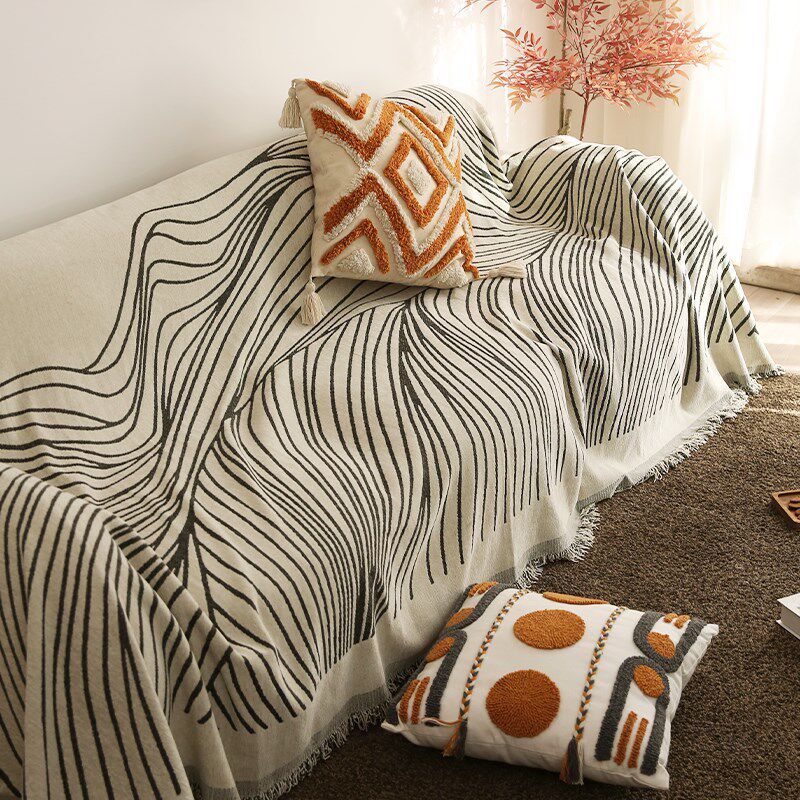 高级感线条沙发盖布巾雪尼尔双面可用全包防滑沙发套罩四季通用毯