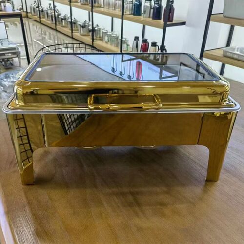 不锈钢电加热自助餐炉布菲炉酒店餐具长方形可视早餐炉保温锅镀金