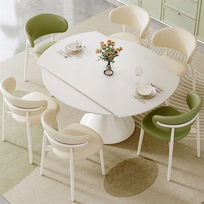奶油风岩板餐桌方圆两用伸缩折叠华尔兹饭桌旋转纯白色餐椅子组合,住宅家具,岩板餐桌,淘宝优惠券,粉丝福利购,淘宝优惠卷