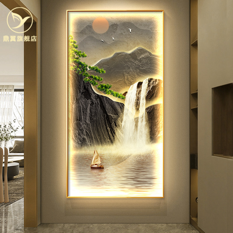 正对门口的玄关画装饰画壁灯光画竖版山水画客厅挂画流水生财风景