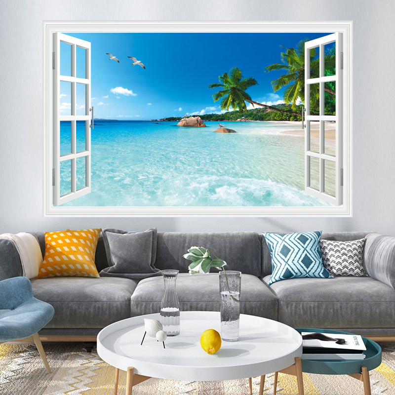 墙画自粘贴纸地中海风景画3d立体墙贴画客厅背景墙面装饰墙纸壁画