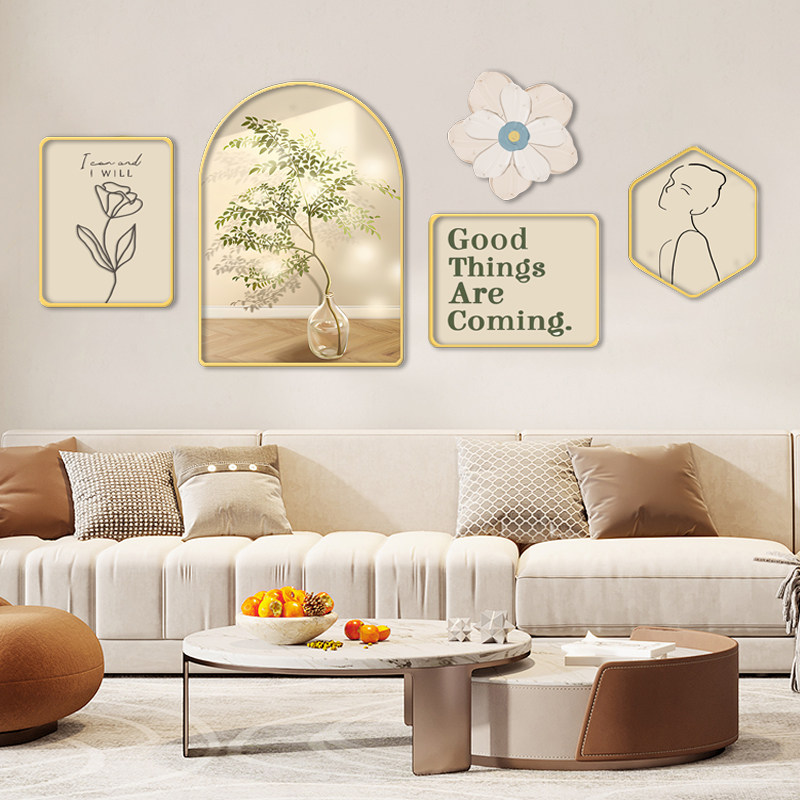 奶油风客厅装饰画绿植原木风沙发背景墙组合挂画高档大气饭厅壁画