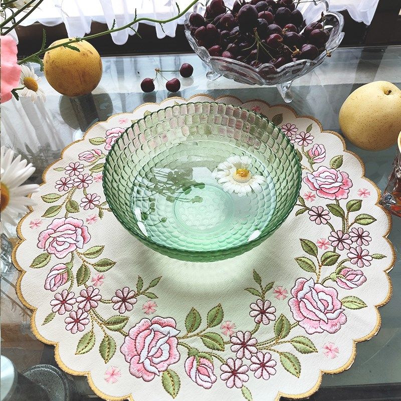刺绣茶杯垫防水防油隔热耐高温免洗餐盘垫加厚布艺桌垫圆形茶几垫