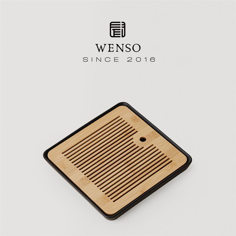 闻说黑砂粗陶简约茶盘 原竹陶瓷双层干泡台家用蓄水小茶台