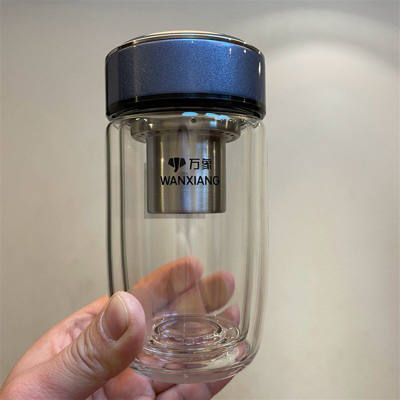 万象双层玻璃杯带茶漏水杯车载鹅蛋形弧形杯身细腻珠光漆面杯盖