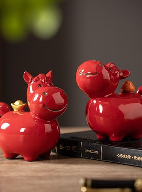 陶瓷马摆件一对小号唐马招财红色生肖马年吉祥物客厅玄关桌面摆设