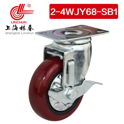 林春2系4寸圆弧红色PU边刹车万向轮单个承载220斤脚轮2-4WJY68SB1