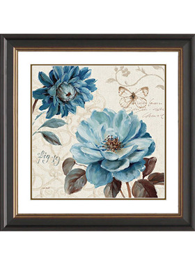 hh美式卧室床头挂画餐厅壁画蓝色花卉欧式牡丹花画简美客厅装饰画