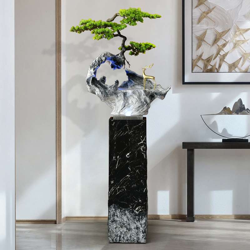 仿玉迎客松落地盆景流水加湿器现代家居客厅样板房售楼部简约摆件