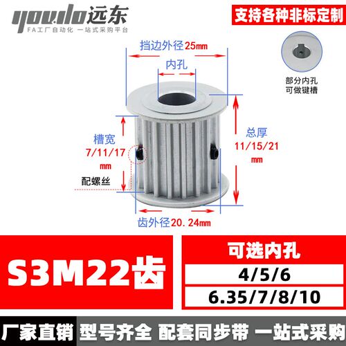 无台S3M22齿同步轮皮带轮AF 22S3M 槽宽7/11/17孔4-10齿外径20.24