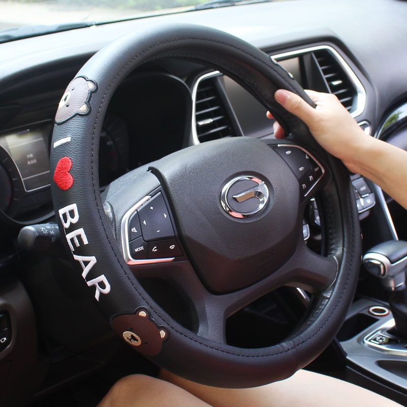 汽车方向盘套韩国可爱卡通刺绣把套个性四季防滑吸汗皮套通用D型