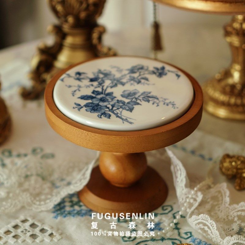 复古森林圆形木质小高脚托盘法式陶瓷甜品盘下午茶香薰蜡烛饰品盘,家居饰品,装饰摆件,淘宝优惠券,粉丝福利购,淘宝优惠卷