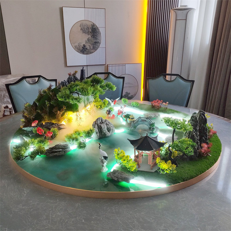 餐桌中间摆花喷雾化流水灯光遥控桌摆转盘花摆圆桌芯酒饭店装饰品