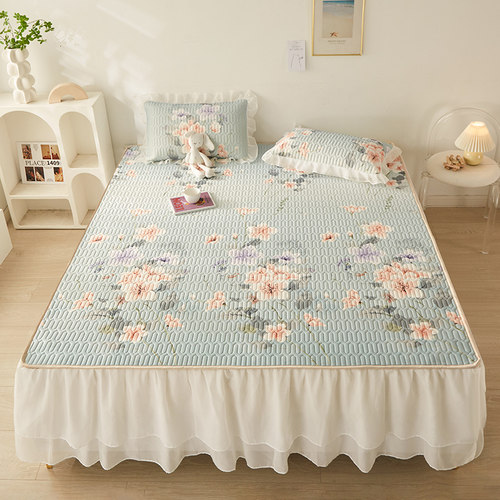 乳胶凉席三件套床裙款防滑折叠式可水洗冰丝空调软席子单人凉垫