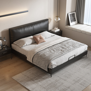 大树岛家居意式极简主卧床北欧简约小户型黑色皮床
