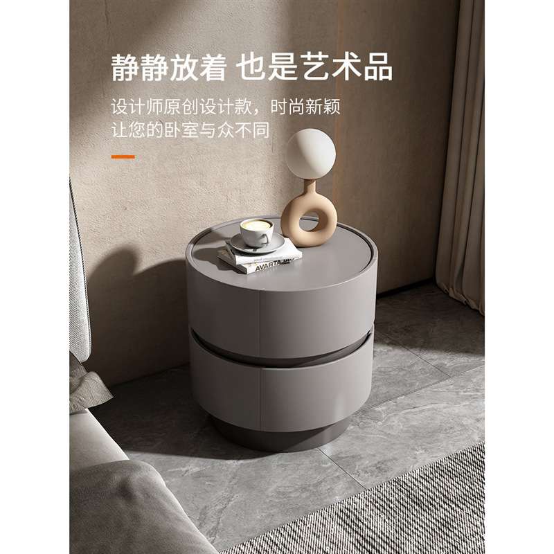 奶油风圆形床头柜小型简约现代实木网红卧室收纳柜轻奢迷你床边柜