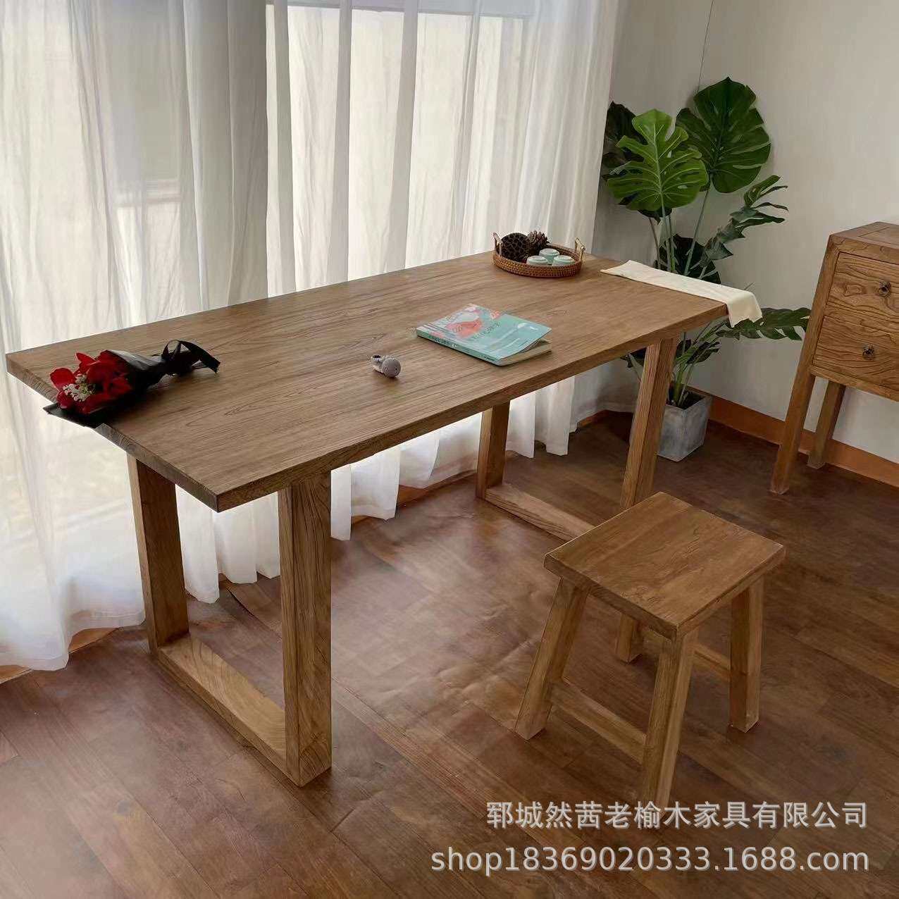 复古老榆木茶桌禅意风化门板桌长方形实木茶台简易写字书桌喝茶桌