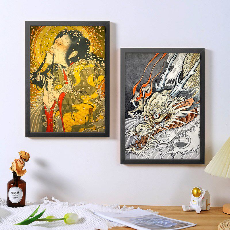 a4纹身海报框画装饰画浮世绘武士刺青店剧本杀墙壁挂画背景墙定制