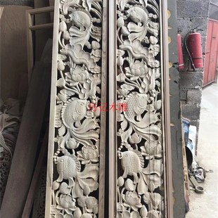 东阳木雕花板中式仿古实木玄关手工雕刻吊顶背景墙隔断屏风定制