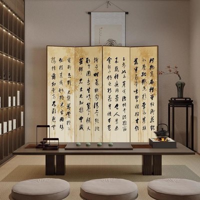 中式宋代美学名家书法古文折屏屏风隔断实木茶室书房大厅遮挡移动